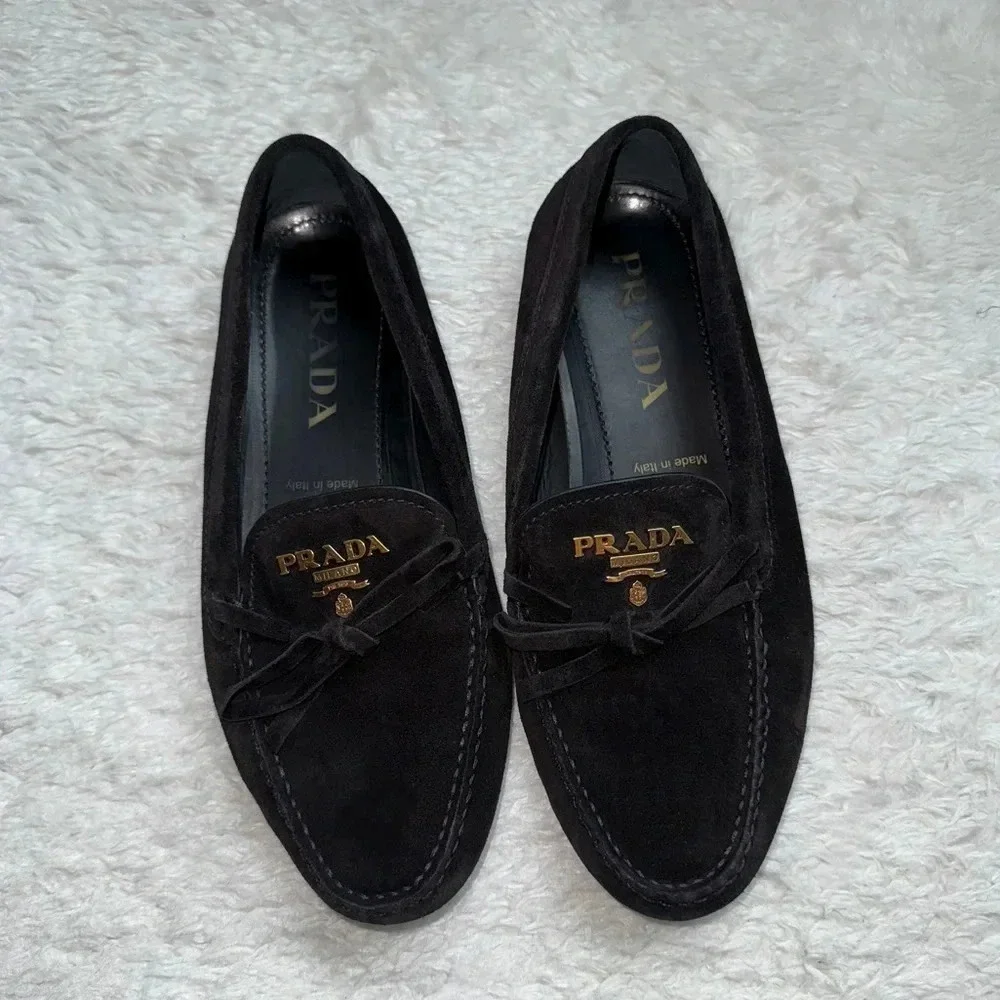 New Prada Black Suede Loafers Driving Leather Authentic Genuine Shoes Gold Logo - Picture 2 of 5